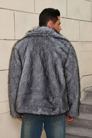 Grey Lapel Faux Fur Short Winter Men's Coat